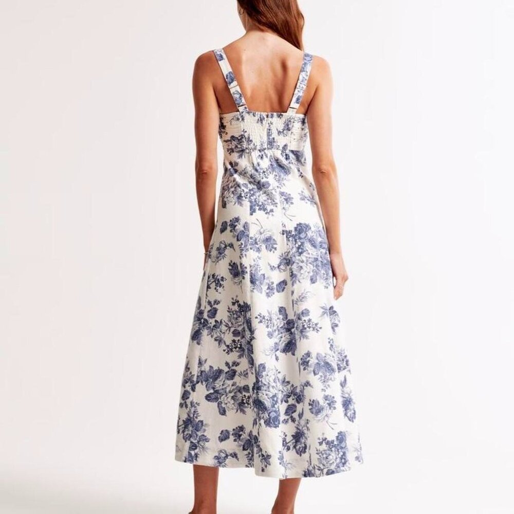 Abercrombie & Fitch Emerson Linen Fit and Flare Floral Blue and White Dress - Picture 8 of 9